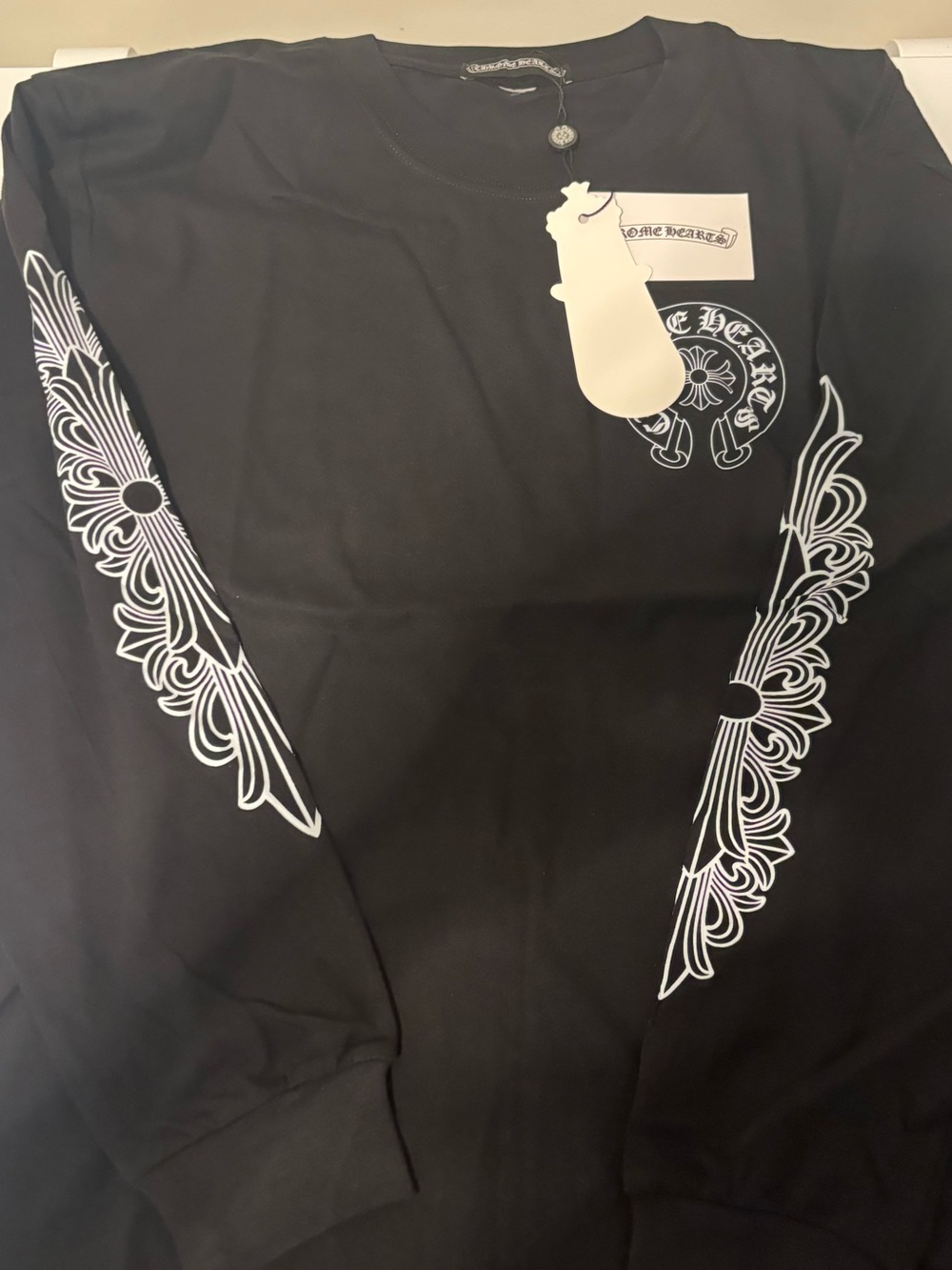 Chrome Hearts Black Long Sleeve Tee with White Sleeve Graphics